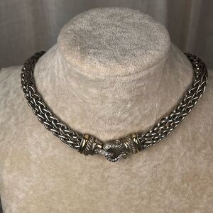 David Yurman Braided Silver Wheat Chain Necklace w/Diamond Buckle Clasp